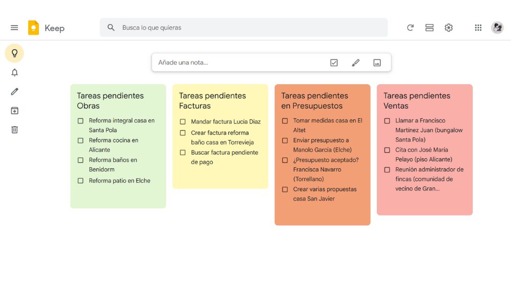 captura de pantalla de la app de listas Google Keep