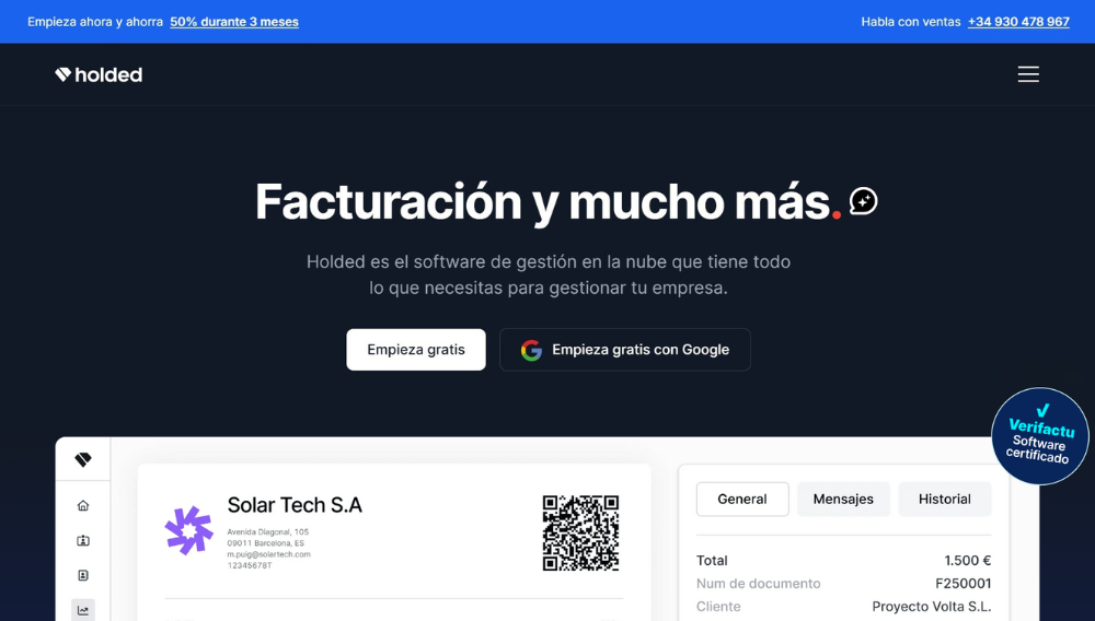 Captura del sitio web de Holded, software de facturacion para empresas