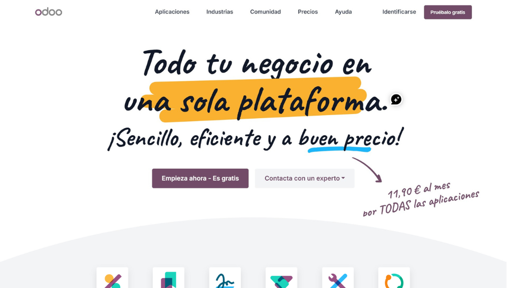 Captura de la web de Odoo para mostrar como ejemplo de software de gestion