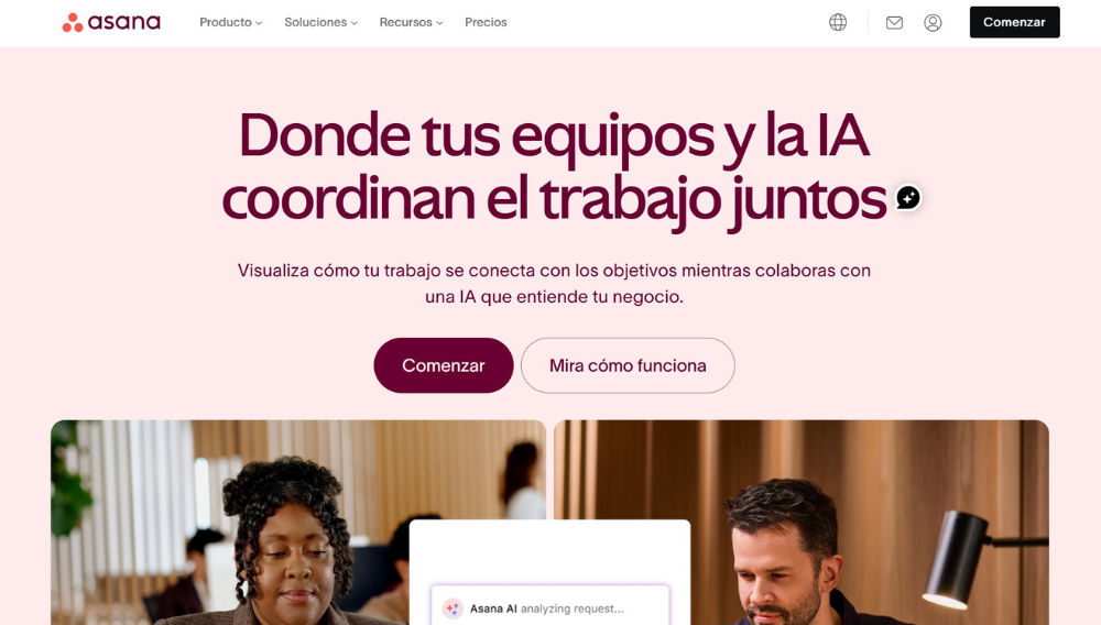 Captura de pantalla de la web de Asana, la aplicacion de gestion de tareas