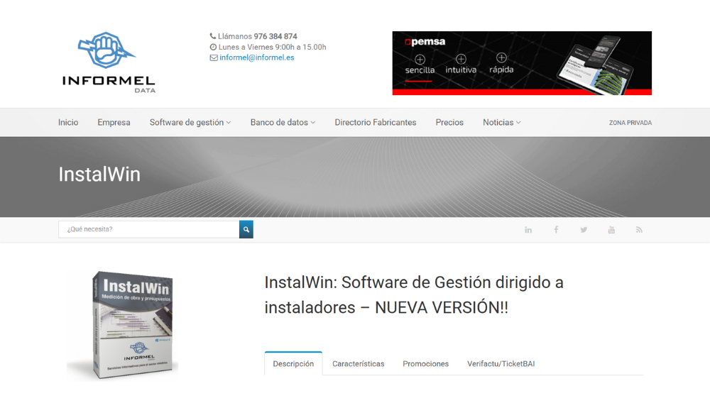 Captura de la web oficial para descargar InstaWin, un software ERP para instaladores