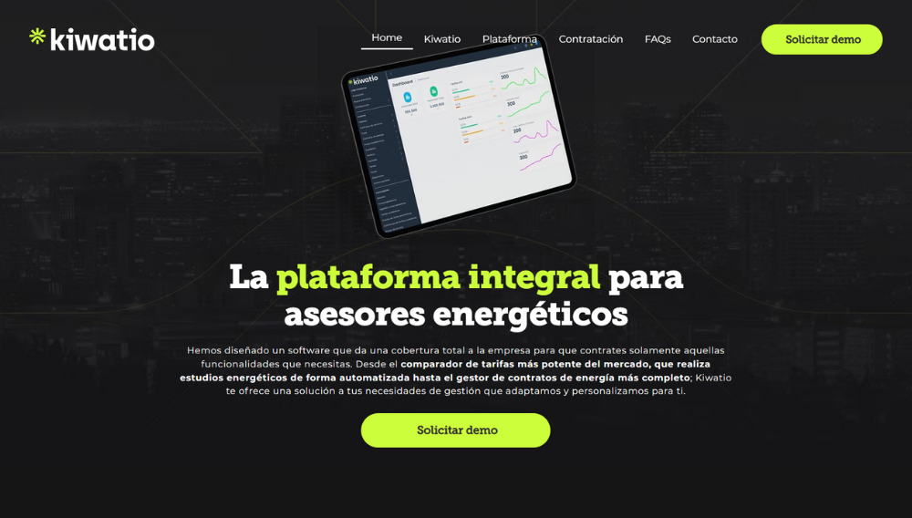 Captura de pantalla de la pagina web oficial de Kiwatio, ERP para empresas electricas