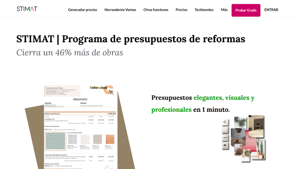 Captura de la pagina web oficial de Stimat la herramienta para hacer presupuestos rapidos y precisos en empresas de electricidad y reformas