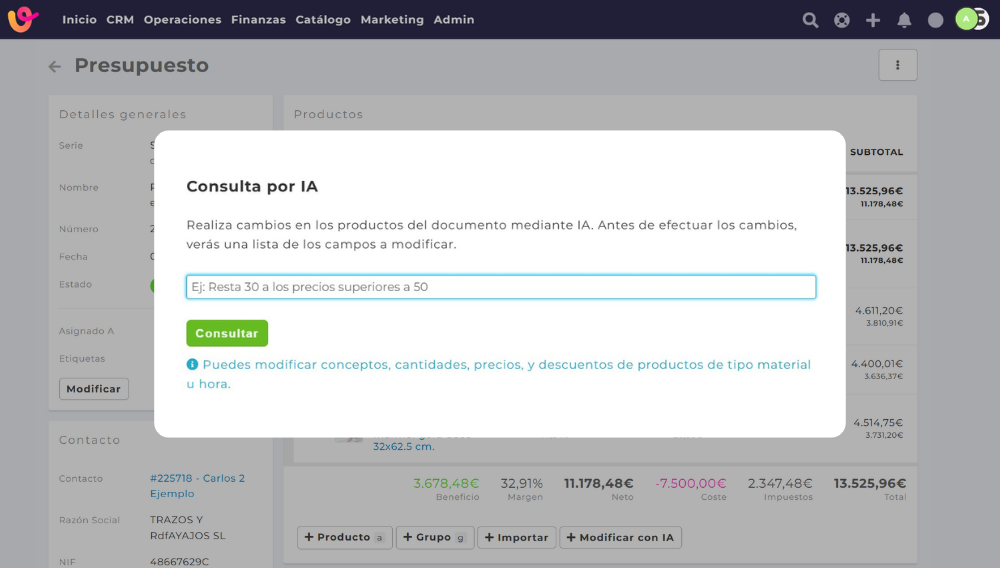 Consulta a la IA de presupuestos en Vendomia para ajustar un presupuesto