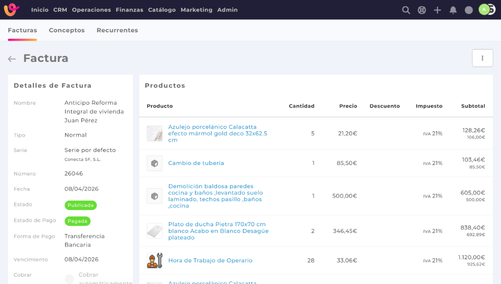 Ejemplo de factura de anticipo de obra en Vendomia, software para empresas de reformas