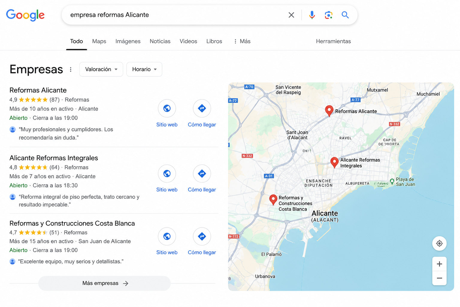 empresa de reformas posicionada en Google Maps en Alicante