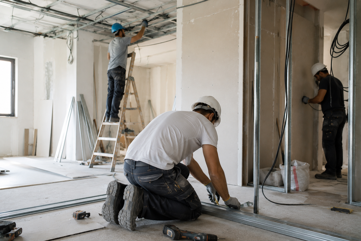 equipo de reformas trabajando en una vivienda