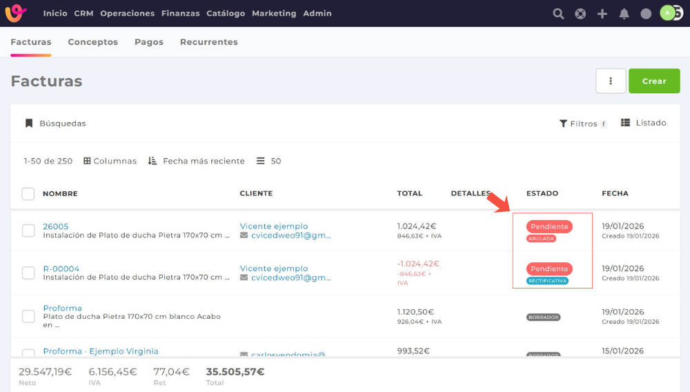 Crear una factura rectificativa en un clic en el software de facturaci&oacute;n de Vendomia