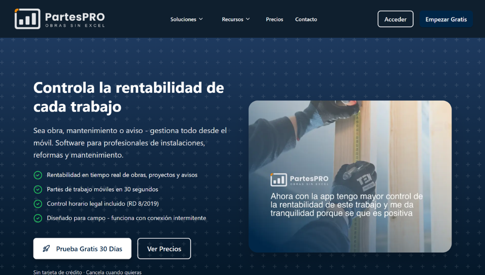 Captura de pantalla de la página web oficial de PartesPRO