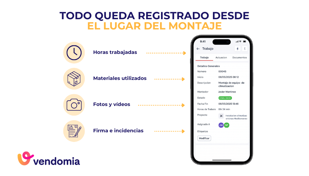 Parte de trabajo digital para montadores con horas materiales fotografías y firma