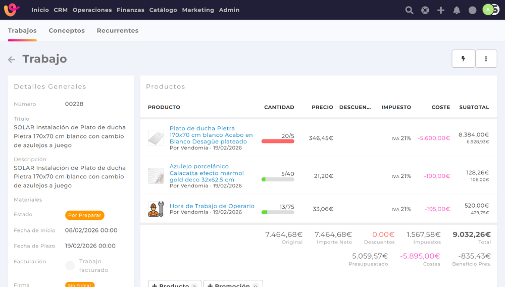 Registro del parte de trabajo en tiempo real en Vendomia y control de costes desde el presupuesto