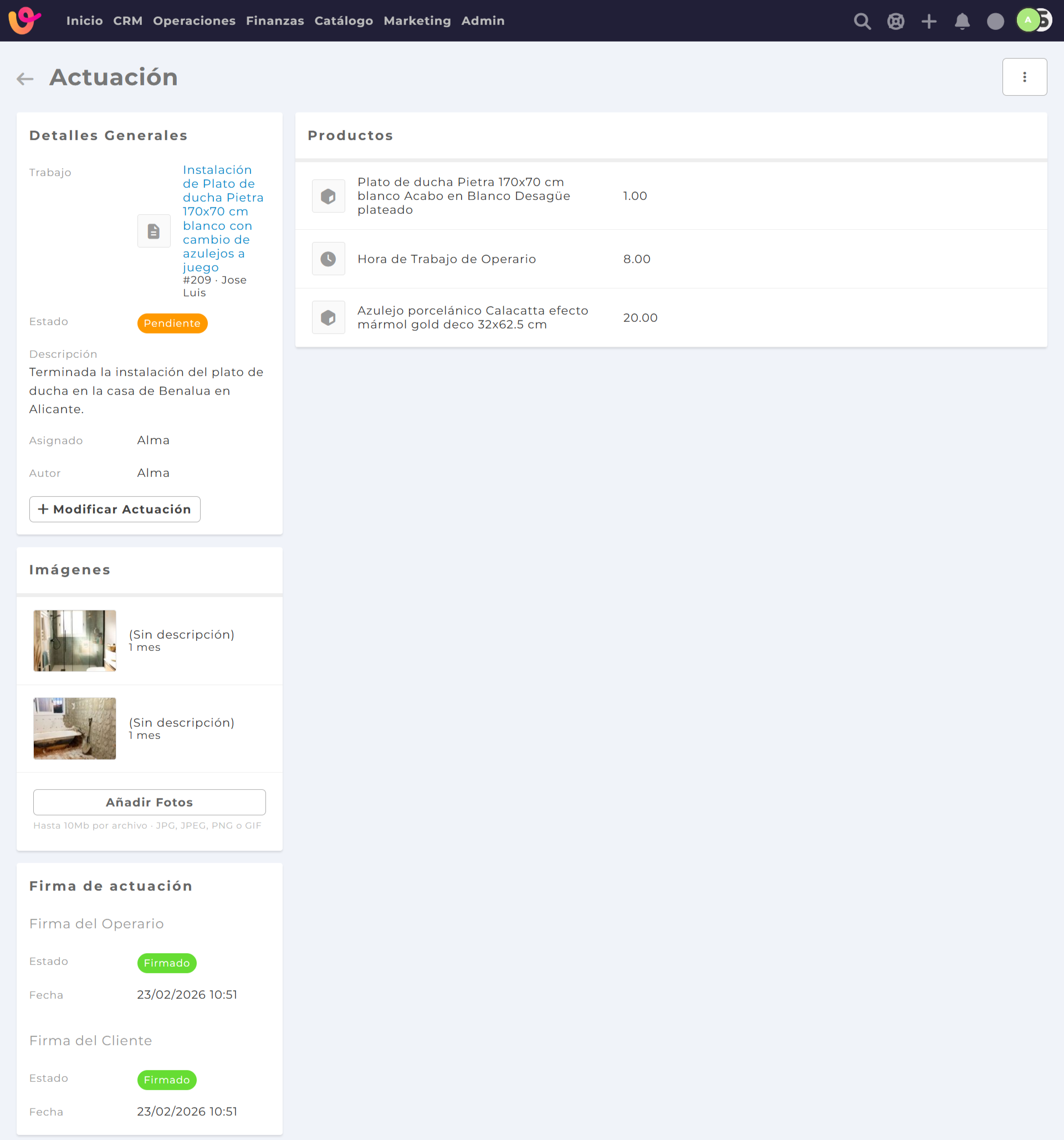 Ejemplo de partes de trabajo digital relleno en Vendomia, app de partes de trabajo