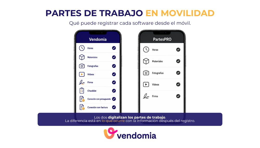 Comparación de los partes de trabajo móviles de Vendomia y PartesPRO