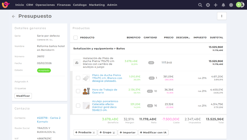 Ejemplo de presupuesto creado con Vendomia para empresas de servicios