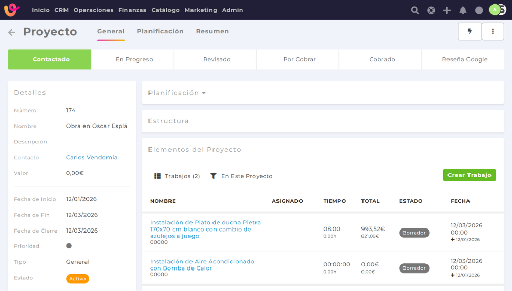 Creación de una factura recapitulativa en Vendomia agrupando trabajos dentro de un proyecto