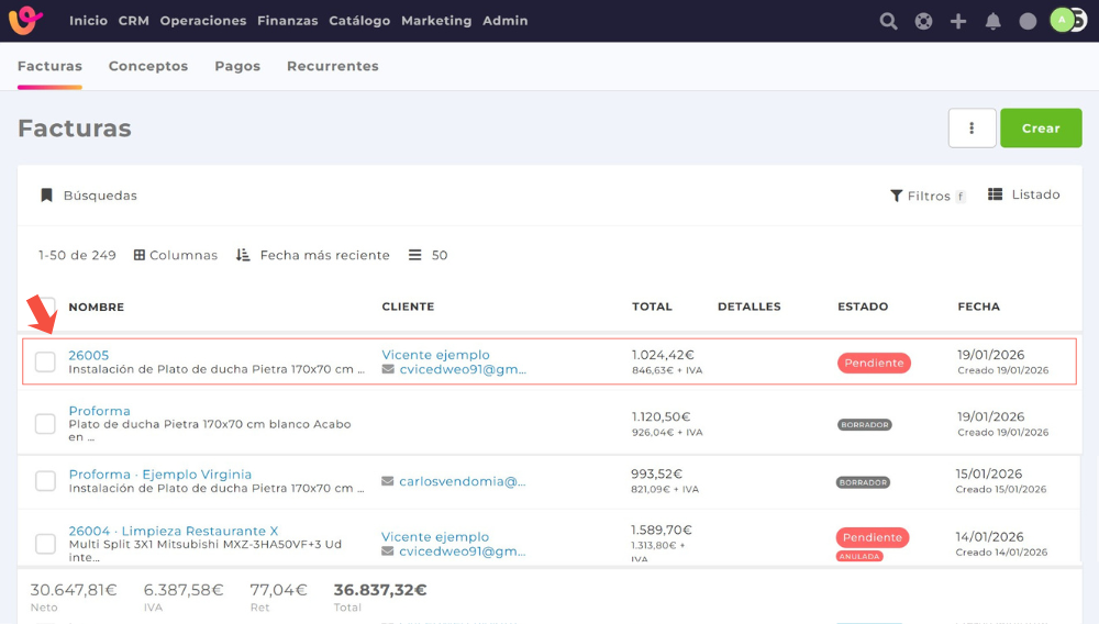 C&oacute;mo crear una factura rectificativa en Vendomia seleccionando una factura err&oacute;nea