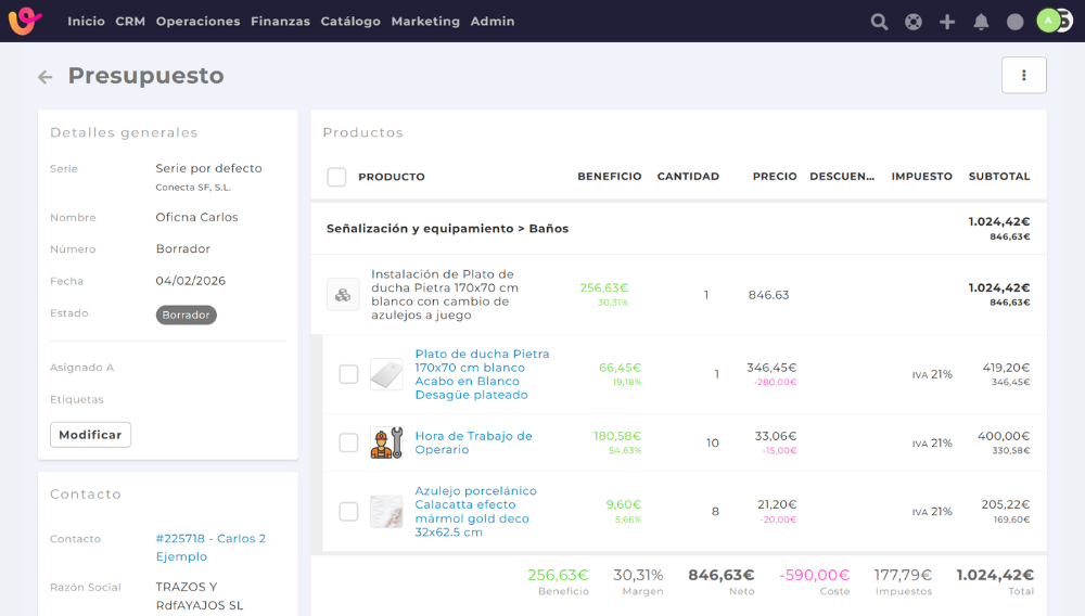 Ejemplo en Vendomia del cálculo automático de márgenes, costes, beneficio e impuestos en un presupuesto