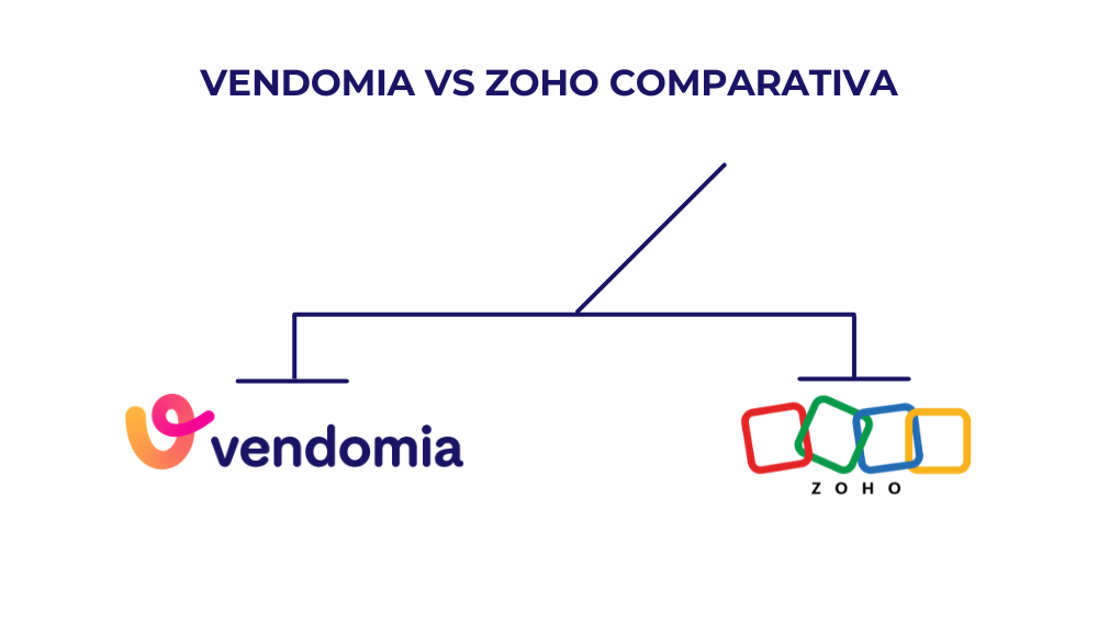 Infografía con los logos de Vendomia vs Zoho comparativa en una balanza de ERP para pymes y empresas de reformas y oficios en España